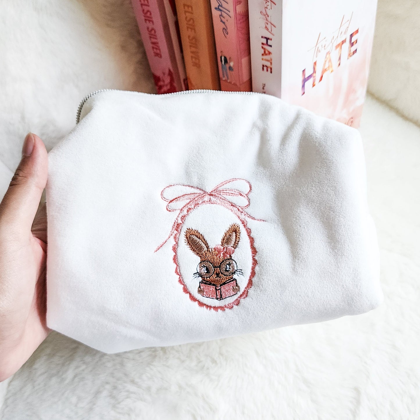 Little Rabbit and Her Book Zippered Bookish Pouch - The Bean Workshop - bow, coquette, kindle bag, makeup bag, quilted pouch, reading accessories