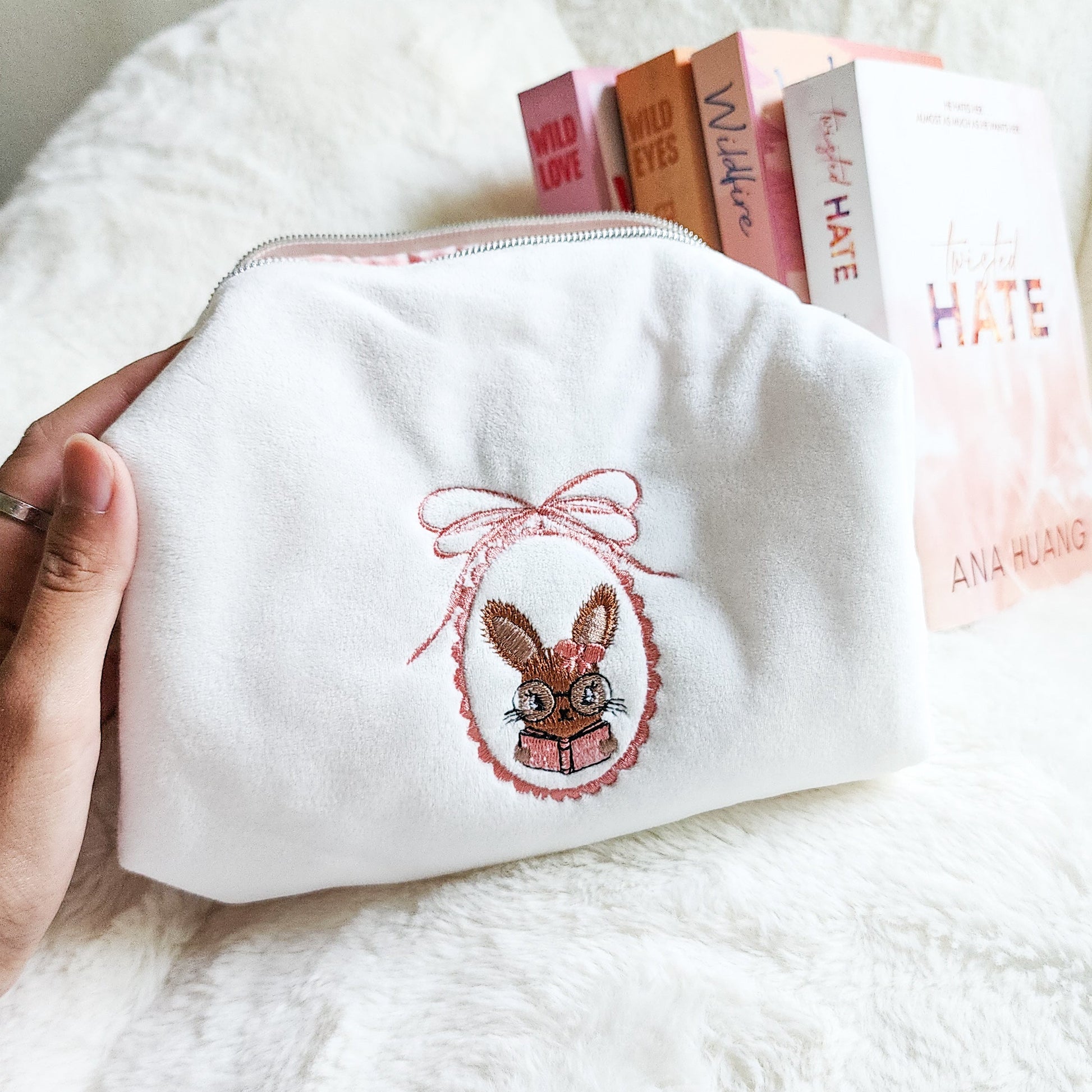Little Rabbit and Her Book Zippered Bookish Pouch - The Bean Workshop - bow, coquette, kindle bag, makeup bag, quilted pouch, reading accessories