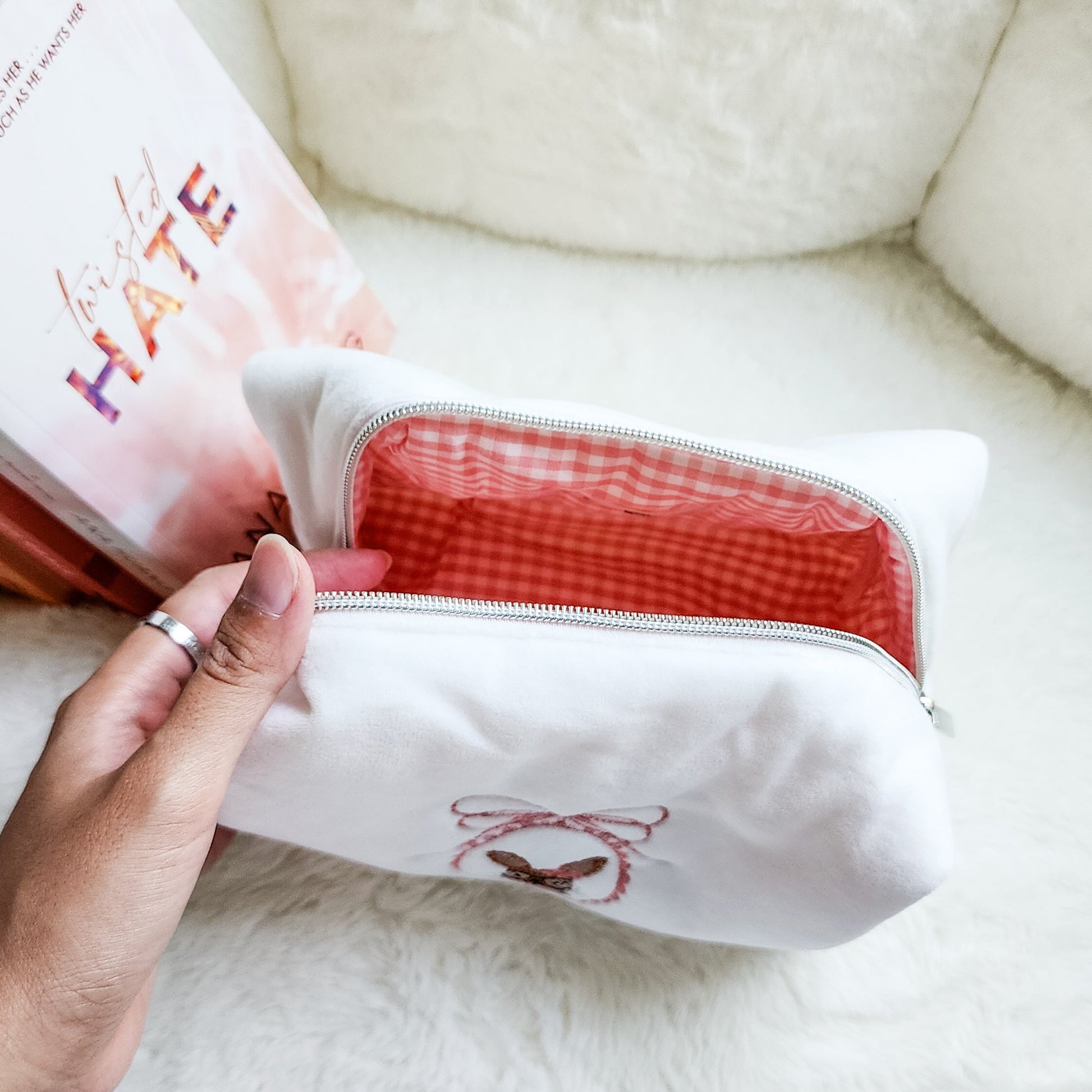 Little Rabbit and Her Book Zippered Bookish Pouch - The Bean Workshop - bow, coquette, kindle bag, makeup bag, quilted pouch, reading accessories