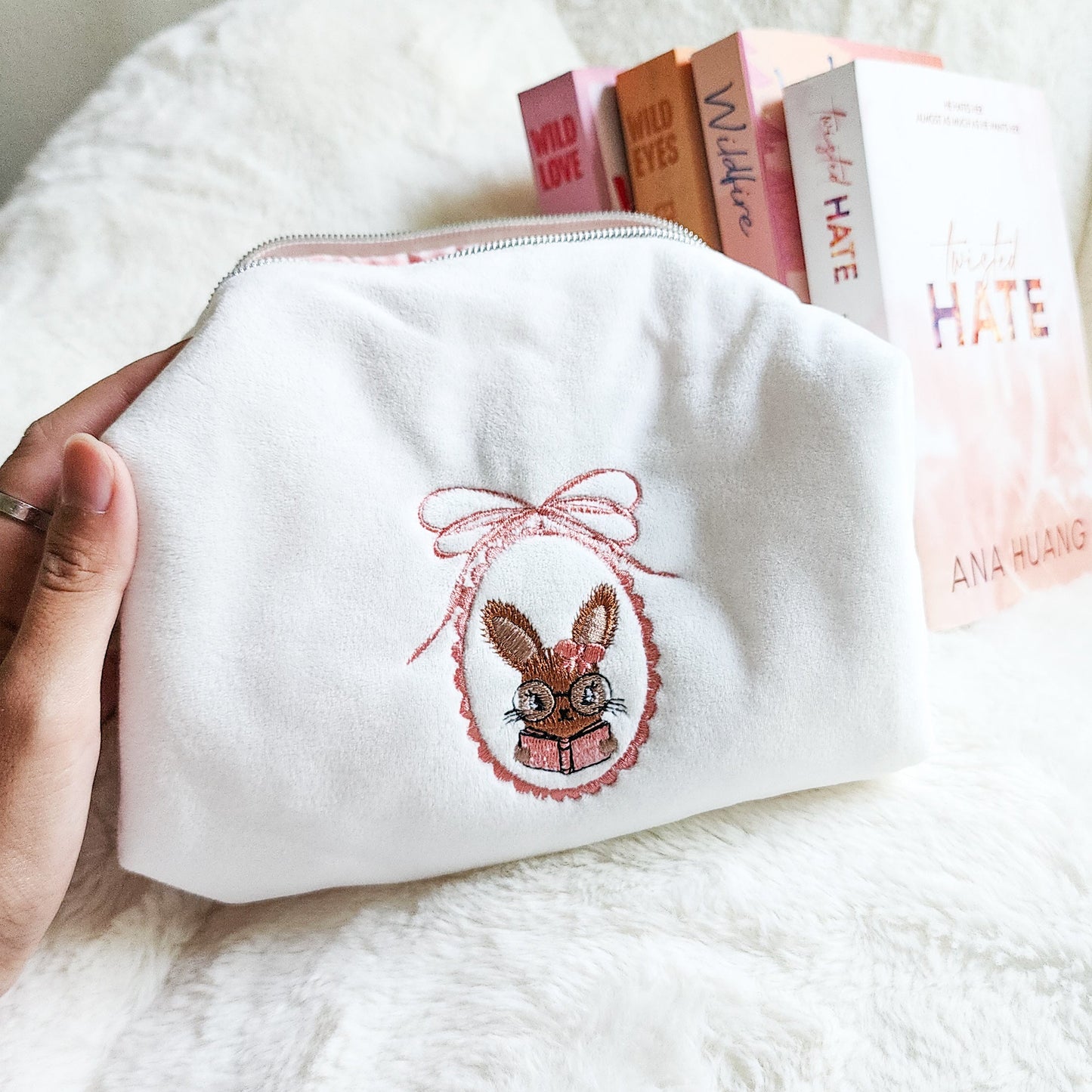 Little Rabbit and Her Book Zippered Bookish Pouch - The Bean Workshop - bow, coquette, kindle bag, makeup bag, quilted pouch, reading accessories