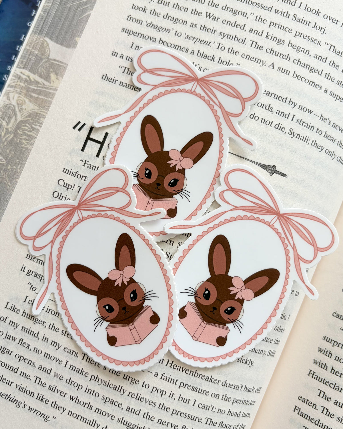 Little Rabbit Reading Her Book Sticker - The Bean Workshop - book lover gift, book lover sticker, book trope, Bookish Gift, bookish sticker, bunny sticker, coquette sticker, cottagecore sticker, cute sticker, die cut sticker, reader sticker, sticker, vinyl sticker