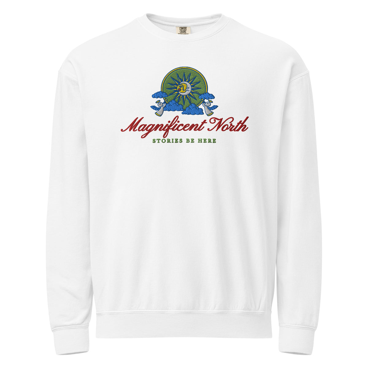 Magnificent North Embroidered Fleece Sweatshirt - The Bean Workshop - Cherub Trumpeter Detail, Cozy Loungewear, Embroidered Fleece Sweatshirt, Magnificent North Embroidered Fleece Sweatshirt for Book Lovers, Olive and Gold Color Palette, Once Upon a Broken Heart, Once Upon a Broken Heart Fan Gift, Stephanie Garber, Storybook Emblem, Sun and Moon Illustration, Travel Day Comfort, Whimsical Celestial