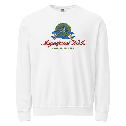 Magnificent North Embroidered Fleece Sweatshirt - The Bean Workshop - Cherub Trumpeter Detail, Cozy Loungewear, Embroidered Fleece Sweatshirt, Magnificent North Embroidered Fleece Sweatshirt for Book Lovers, Olive and Gold Color Palette, Once Upon a Broken Heart, Once Upon a Broken Heart Fan Gift, Stephanie Garber, Storybook Emblem, Sun and Moon Illustration, Travel Day Comfort, Whimsical Celestial