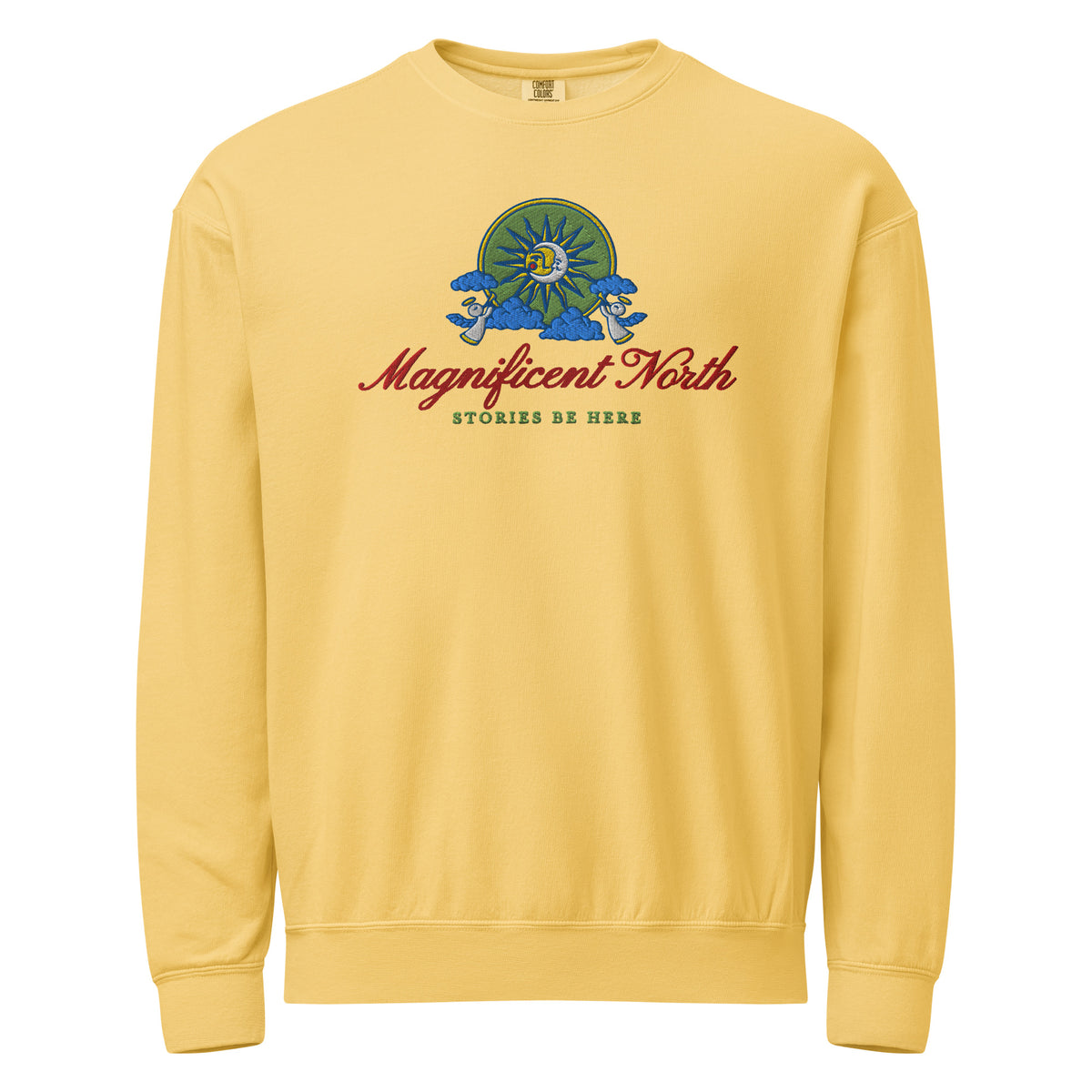 Magnificent North Embroidered Fleece Sweatshirt - The Bean Workshop - Cherub Trumpeter Detail, Cozy Loungewear, Embroidered Fleece Sweatshirt, Magnificent North Embroidered Fleece Sweatshirt for Book Lovers, Olive and Gold Color Palette, Once Upon a Broken Heart, Once Upon a Broken Heart Fan Gift, Stephanie Garber, Storybook Emblem, Sun and Moon Illustration, Travel Day Comfort, Whimsical Celestial