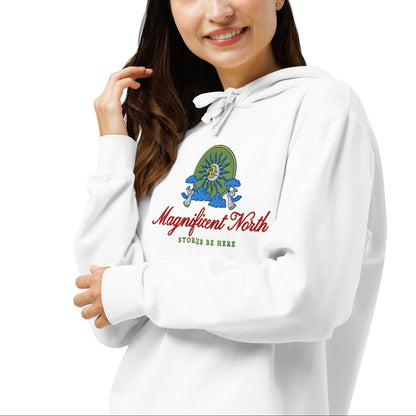 Magnificent North Embroidered Lightweight Hoodie - The Bean Workshop - Cherub Trumpeter Detail, Cozy Reading Wear, Embroidered Hoodie, Layering Essential, Magnificent North Embroidered Hoodie for Book Lovers, Olive and Gold Color Palette, Once Upon a Broken Heart, Once Upon a Broken Heart Fan Gift, Stephanie Garber, Storybook Emblem, Sun and Moon Illustration, Whimsical Celestial