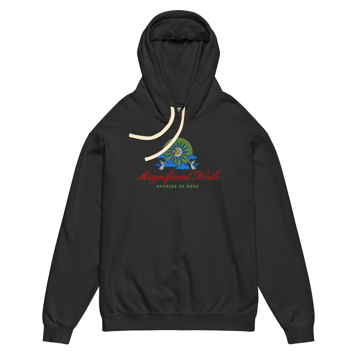 Magnificent North Embroidered Lightweight Hoodie - The Bean Workshop - Cherub Trumpeter Detail, Cozy Reading Wear, Embroidered Hoodie, Layering Essential, Magnificent North Embroidered Hoodie for Book Lovers, Olive and Gold Color Palette, Once Upon a Broken Heart, Once Upon a Broken Heart Fan Gift, Stephanie Garber, Storybook Emblem, Sun and Moon Illustration, Whimsical Celestial