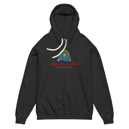 Magnificent North Embroidered Lightweight Hoodie - The Bean Workshop - Cherub Trumpeter Detail, Cozy Reading Wear, Embroidered Hoodie, Layering Essential, Magnificent North Embroidered Hoodie for Book Lovers, Olive and Gold Color Palette, Once Upon a Broken Heart, Once Upon a Broken Heart Fan Gift, Stephanie Garber, Storybook Emblem, Sun and Moon Illustration, Whimsical Celestial