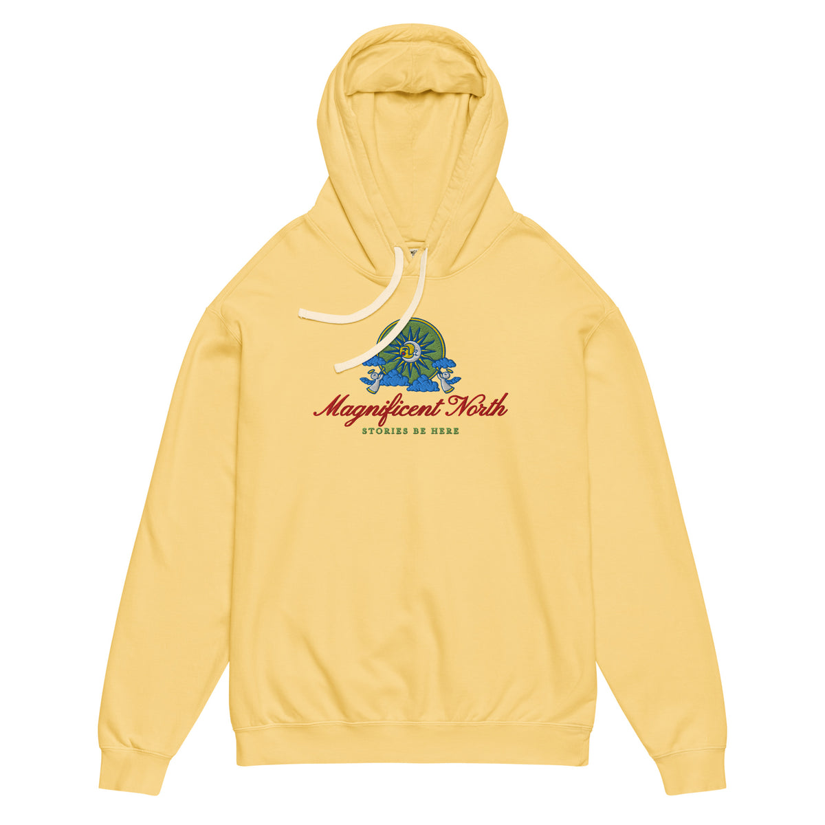 Magnificent North Embroidered Lightweight Hoodie - The Bean Workshop - Cherub Trumpeter Detail, Cozy Reading Wear, Embroidered Hoodie, Layering Essential, Magnificent North Embroidered Hoodie for Book Lovers, Olive and Gold Color Palette, Once Upon a Broken Heart, Once Upon a Broken Heart Fan Gift, Stephanie Garber, Storybook Emblem, Sun and Moon Illustration, Whimsical Celestial