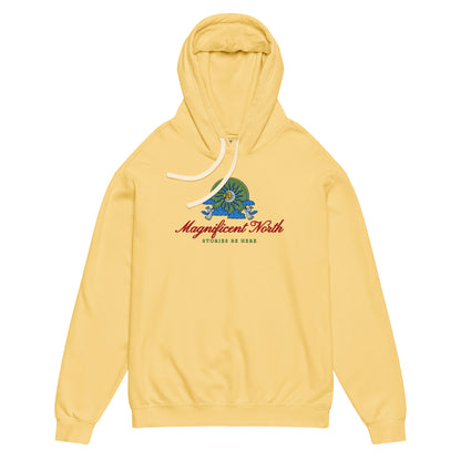 Magnificent North Embroidered Lightweight Hoodie - The Bean Workshop - Cherub Trumpeter Detail, Cozy Reading Wear, Embroidered Hoodie, Layering Essential, Magnificent North Embroidered Hoodie for Book Lovers, Olive and Gold Color Palette, Once Upon a Broken Heart, Once Upon a Broken Heart Fan Gift, Stephanie Garber, Storybook Emblem, Sun and Moon Illustration, Whimsical Celestial