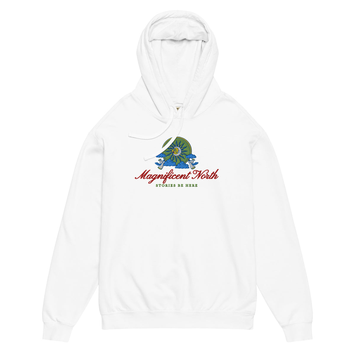 Magnificent North Embroidered Lightweight Hoodie - The Bean Workshop - Cherub Trumpeter Detail, Cozy Reading Wear, Embroidered Hoodie, Layering Essential, Magnificent North Embroidered Hoodie for Book Lovers, Olive and Gold Color Palette, Once Upon a Broken Heart, Once Upon a Broken Heart Fan Gift, Stephanie Garber, Storybook Emblem, Sun and Moon Illustration, Whimsical Celestial