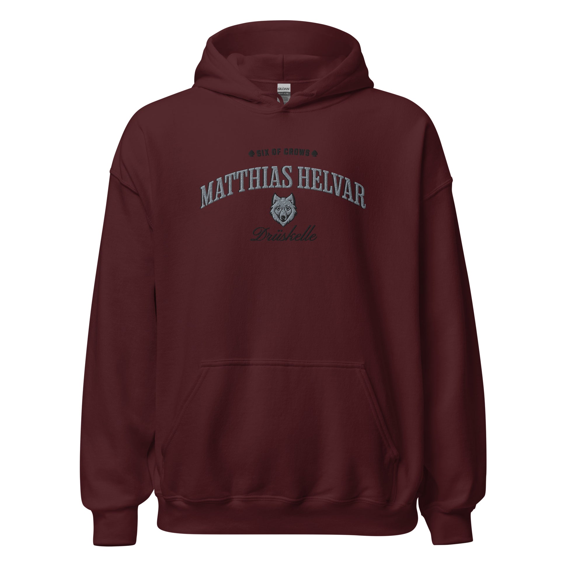 Matthias Helvar Embroidered Hoodie - The Bean Workshop - Bookworm Hoodie, Drüskelle fan merchandise, Fandom Apparel, Fantasy Character, Fjerdan Wolf, Grishaverse gift, Helnik, Leigh Bardugo literary merch, Literary Streetwear, Matthias Helvar embroidered hoodie, Minimalist Design, Six of Crows hooded sweatshirt, The Dregs apparel