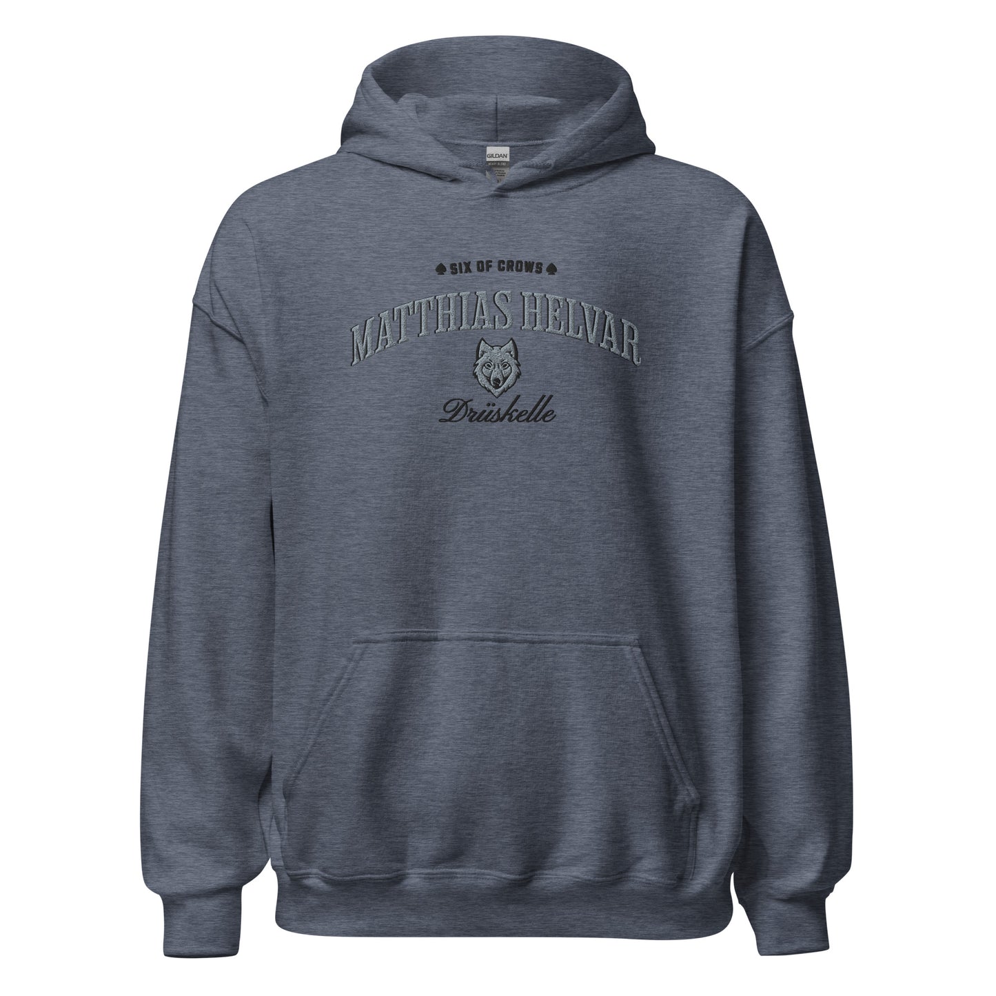 Matthias Helvar Embroidered Hoodie - The Bean Workshop - Bookworm Hoodie, Drüskelle fan merchandise, Fandom Apparel, Fantasy Character, Fjerdan Wolf, Grishaverse gift, Helnik, Leigh Bardugo literary merch, Literary Streetwear, Matthias Helvar embroidered hoodie, Minimalist Design, Six of Crows hooded sweatshirt, The Dregs apparel