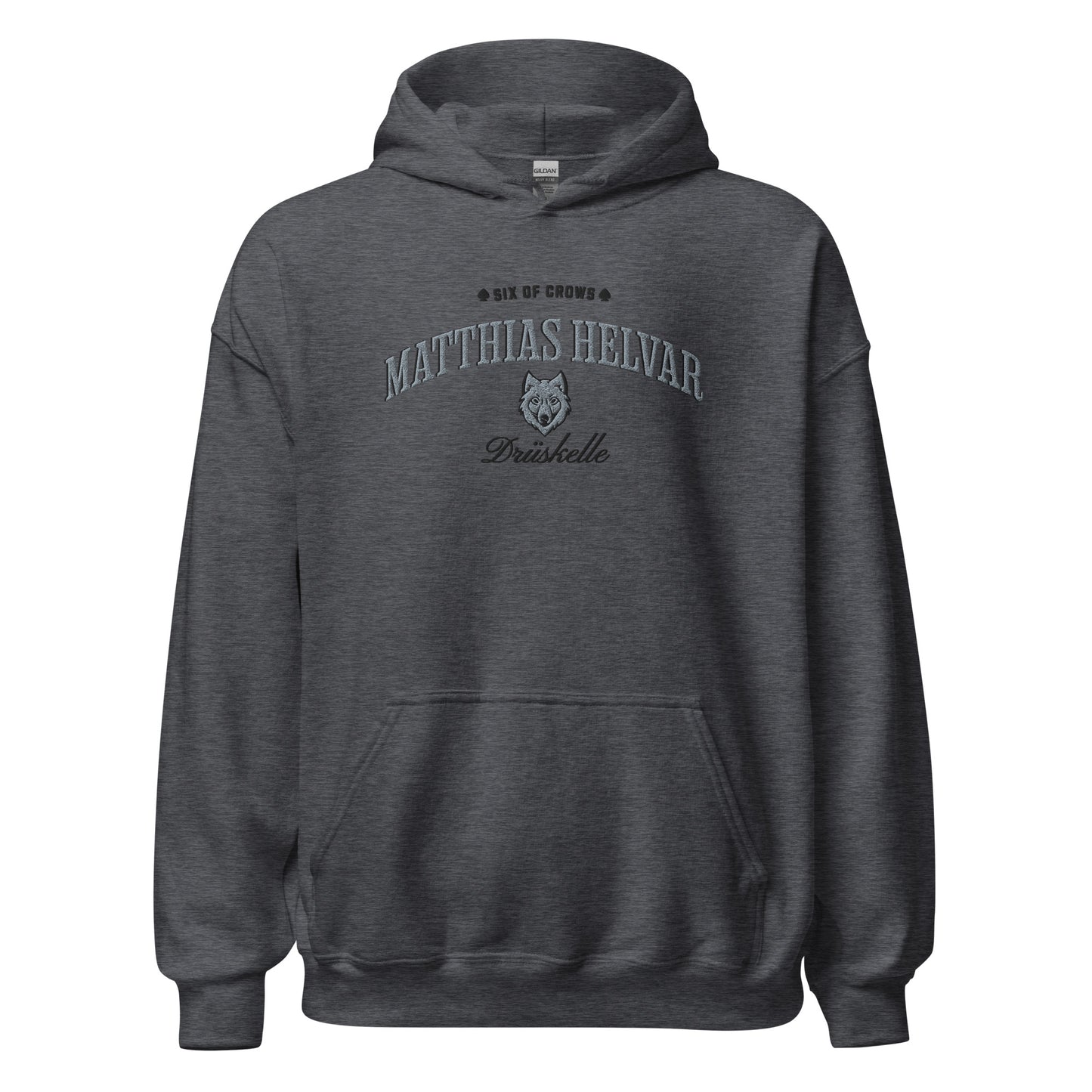 Matthias Helvar Embroidered Hoodie - The Bean Workshop - Bookworm Hoodie, Drüskelle fan merchandise, Fandom Apparel, Fantasy Character, Fjerdan Wolf, Grishaverse gift, Helnik, Leigh Bardugo literary merch, Literary Streetwear, Matthias Helvar embroidered hoodie, Minimalist Design, Six of Crows hooded sweatshirt, The Dregs apparel