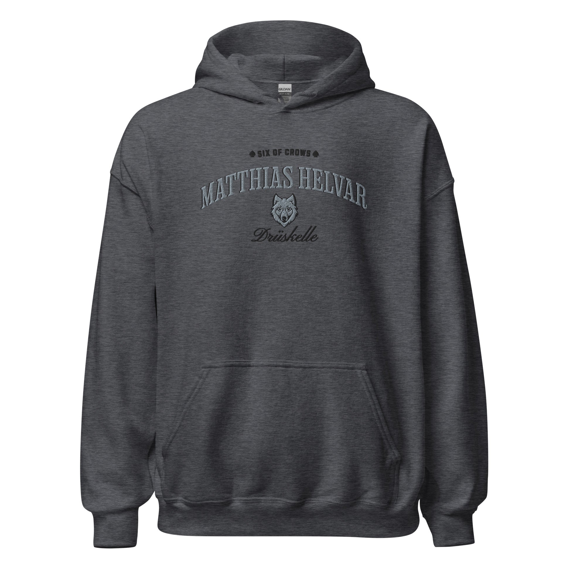 Matthias Helvar Embroidered Hoodie - The Bean Workshop - Bookworm Hoodie, Drüskelle fan merchandise, Fandom Apparel, Fantasy Character, Fjerdan Wolf, Grishaverse gift, Helnik, Leigh Bardugo literary merch, Literary Streetwear, Matthias Helvar embroidered hoodie, Minimalist Design, Six of Crows hooded sweatshirt, The Dregs apparel