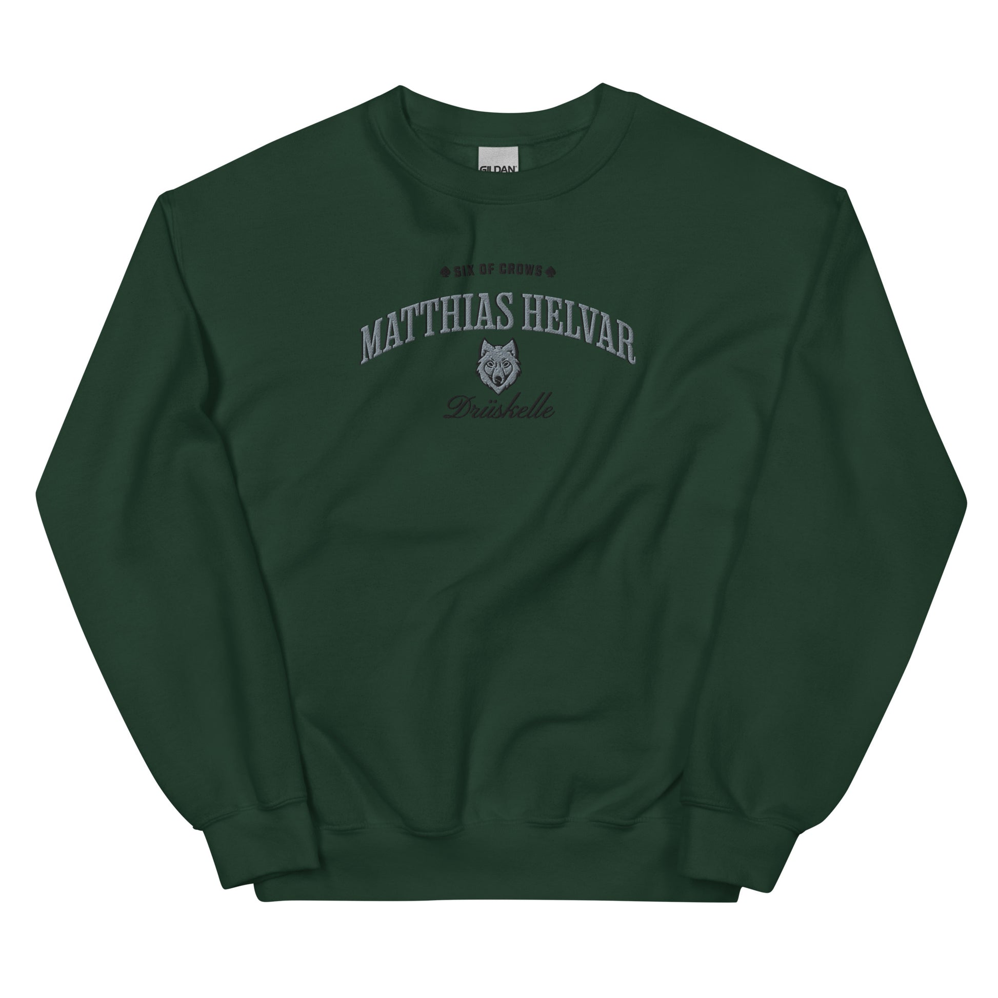 Matthias Helvar Embroidered Sweatshirt - The Bean Workshop - Book Lover Gift, Bookish Sweatshirt, Bookworm Gift, Character Apparel, Fantasy Warrior, Fjerda, Fjerdan wolf design, Grishaverse, Helnik, Leigh Bardugo fan apparel for readers, Matthias Helvar embroidered sweatshirt, Six of Crows Drüskelle merch, The Dregs