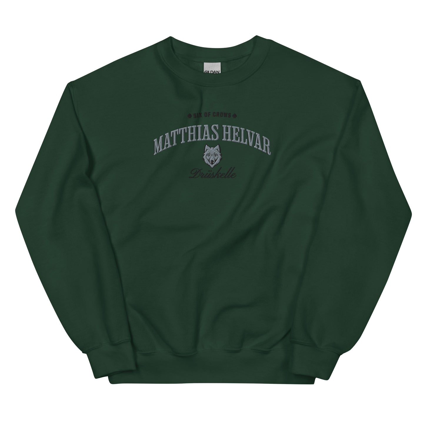 Matthias Helvar Embroidered Sweatshirt - The Bean Workshop - Book Lover Gift, Bookish Sweatshirt, Bookworm Gift, Character Apparel, Fantasy Warrior, Fjerda, Fjerdan wolf design, Grishaverse, Helnik, Leigh Bardugo fan apparel for readers, Matthias Helvar embroidered sweatshirt, Six of Crows Drüskelle merch, The Dregs