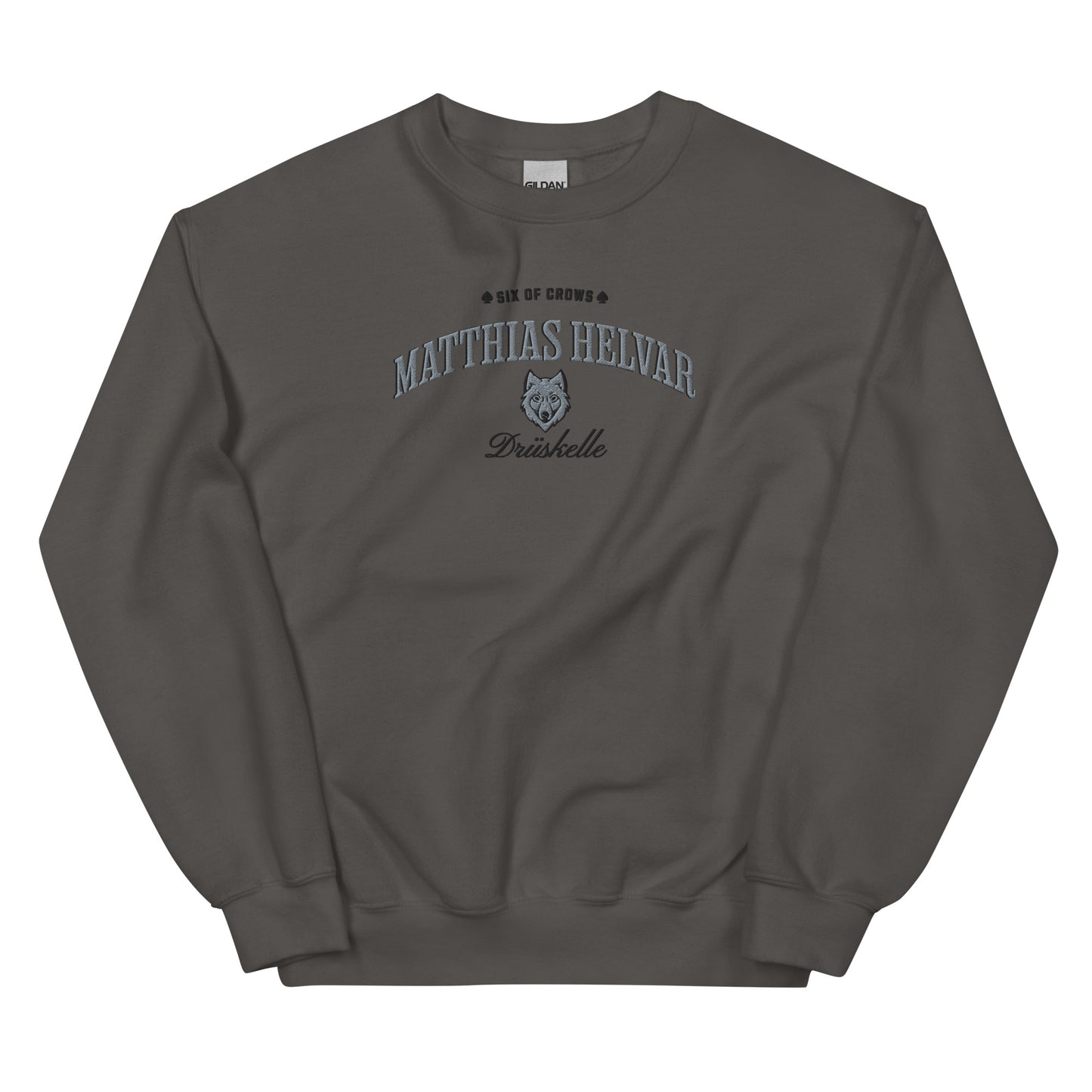 Matthias Helvar Embroidered Sweatshirt - The Bean Workshop - Book Lover Gift, Bookish Sweatshirt, Bookworm Gift, Character Apparel, Fantasy Warrior, Fjerda, Fjerdan wolf design, Grishaverse, Helnik, Leigh Bardugo fan apparel for readers, Matthias Helvar embroidered sweatshirt, Six of Crows Drüskelle merch, The Dregs