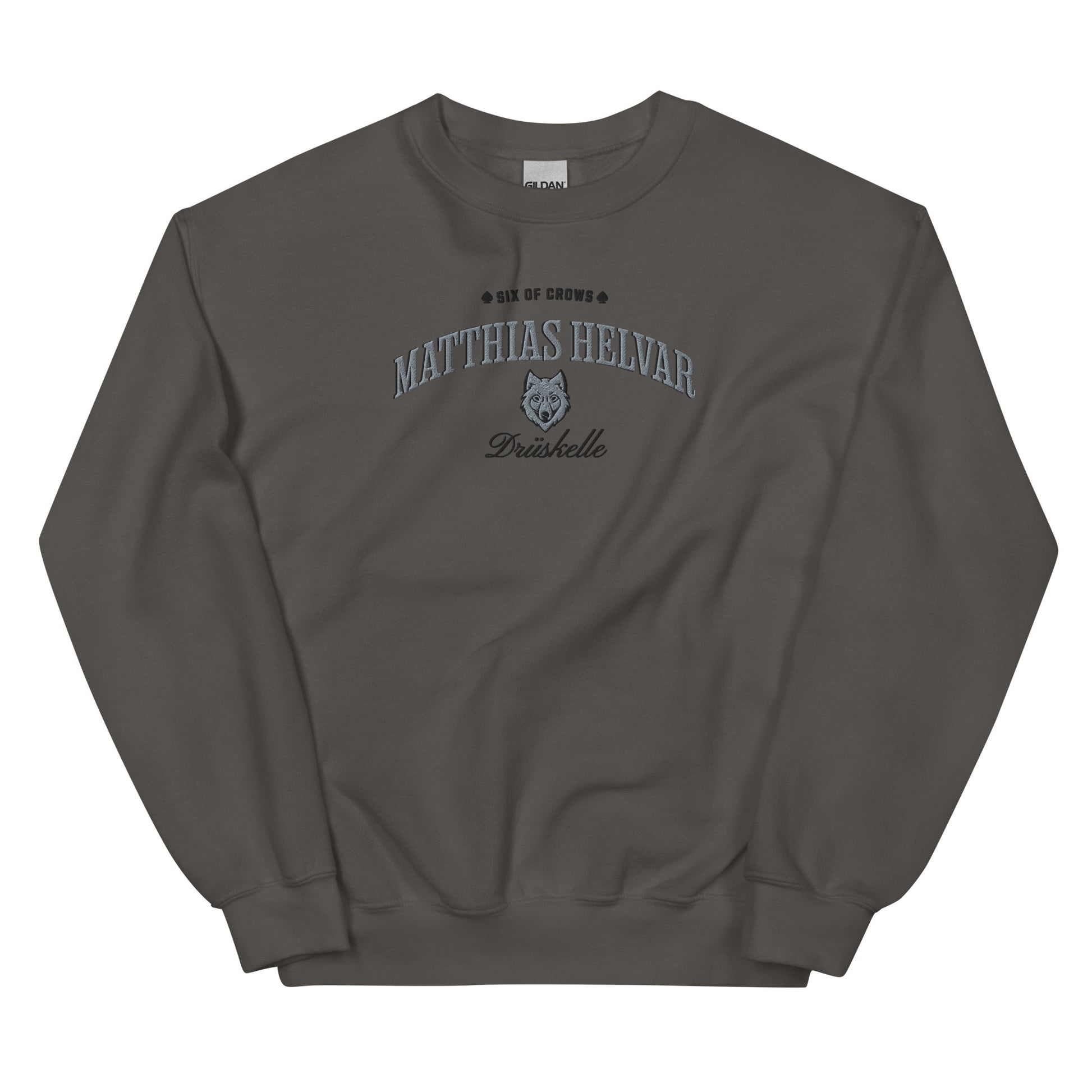 Matthias Helvar Embroidered Sweatshirt - The Bean Workshop - Book Lover Gift, Bookish Sweatshirt, Bookworm Gift, Character Apparel, Fantasy Warrior, Fjerda, Fjerdan wolf design, Grishaverse, Helnik, Leigh Bardugo fan apparel for readers, Matthias Helvar embroidered sweatshirt, Six of Crows Drüskelle merch, The Dregs