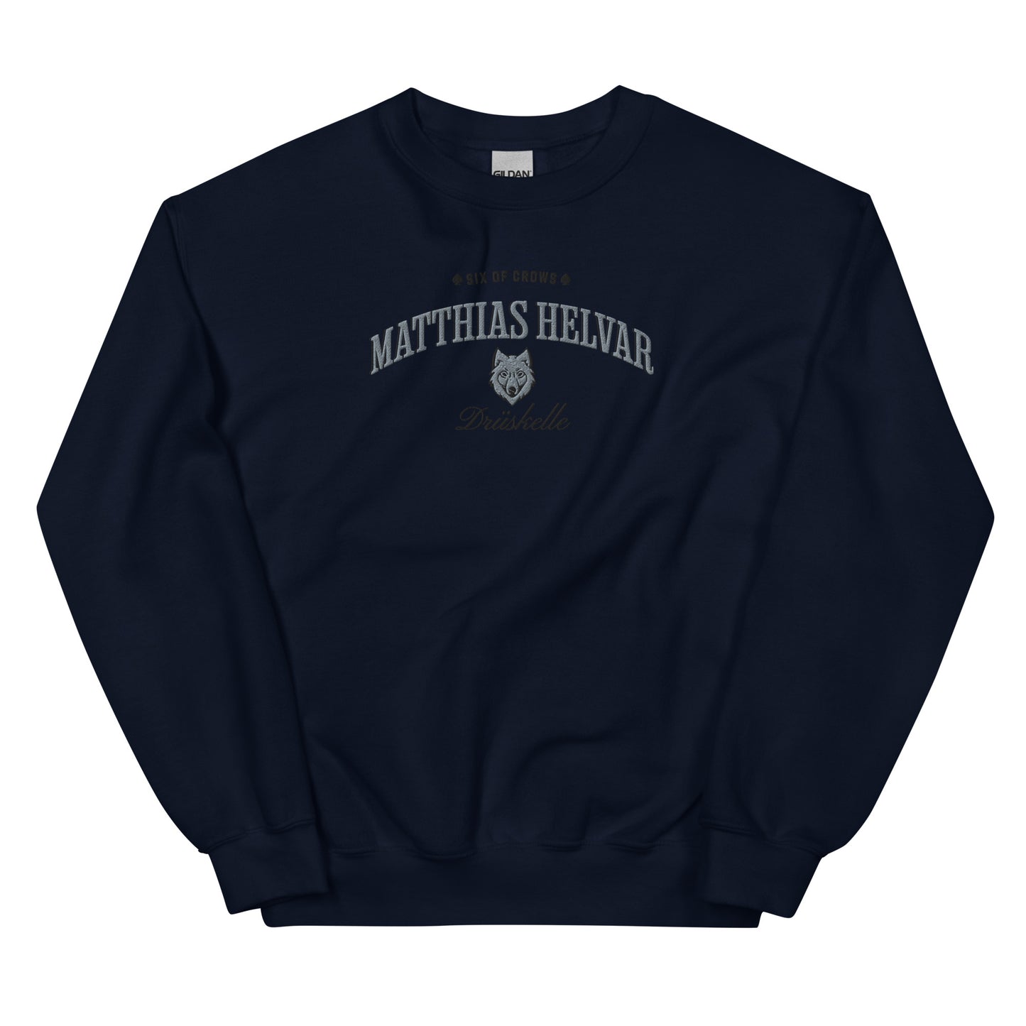 Matthias Helvar Embroidered Sweatshirt - The Bean Workshop - Book Lover Gift, Bookish Sweatshirt, Bookworm Gift, Character Apparel, Fantasy Warrior, Fjerda, Fjerdan wolf design, Grishaverse, Helnik, Leigh Bardugo fan apparel for readers, Matthias Helvar embroidered sweatshirt, Six of Crows Drüskelle merch, The Dregs