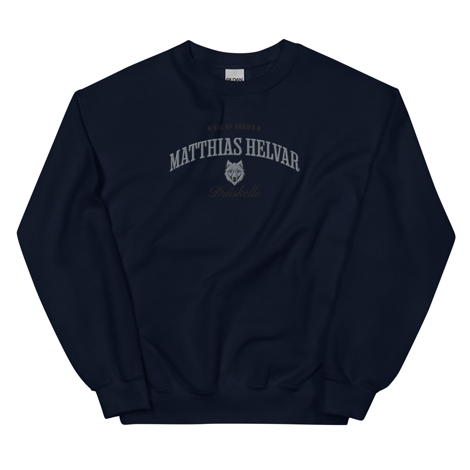 Matthias Helvar Embroidered Sweatshirt - The Bean Workshop - Book Lover Gift, Bookish Sweatshirt, Bookworm Gift, Character Apparel, Fantasy Warrior, Fjerda, Fjerdan wolf design, Grishaverse, Helnik, Leigh Bardugo fan apparel for readers, Matthias Helvar embroidered sweatshirt, Six of Crows Drüskelle merch, The Dregs