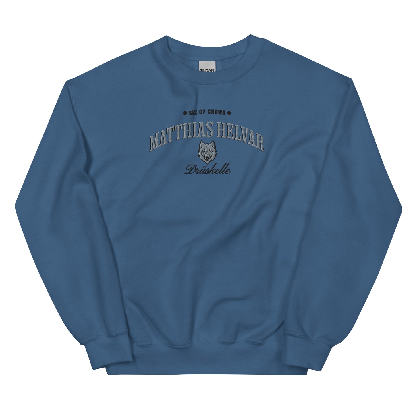 Matthias Helvar Embroidered Sweatshirt - The Bean Workshop - Book Lover Gift, Bookish Sweatshirt, Bookworm Gift, Character Apparel, Fantasy Warrior, Fjerda, Fjerdan wolf design, Grishaverse, Helnik, Leigh Bardugo fan apparel for readers, Matthias Helvar embroidered sweatshirt, Six of Crows Drüskelle merch, The Dregs