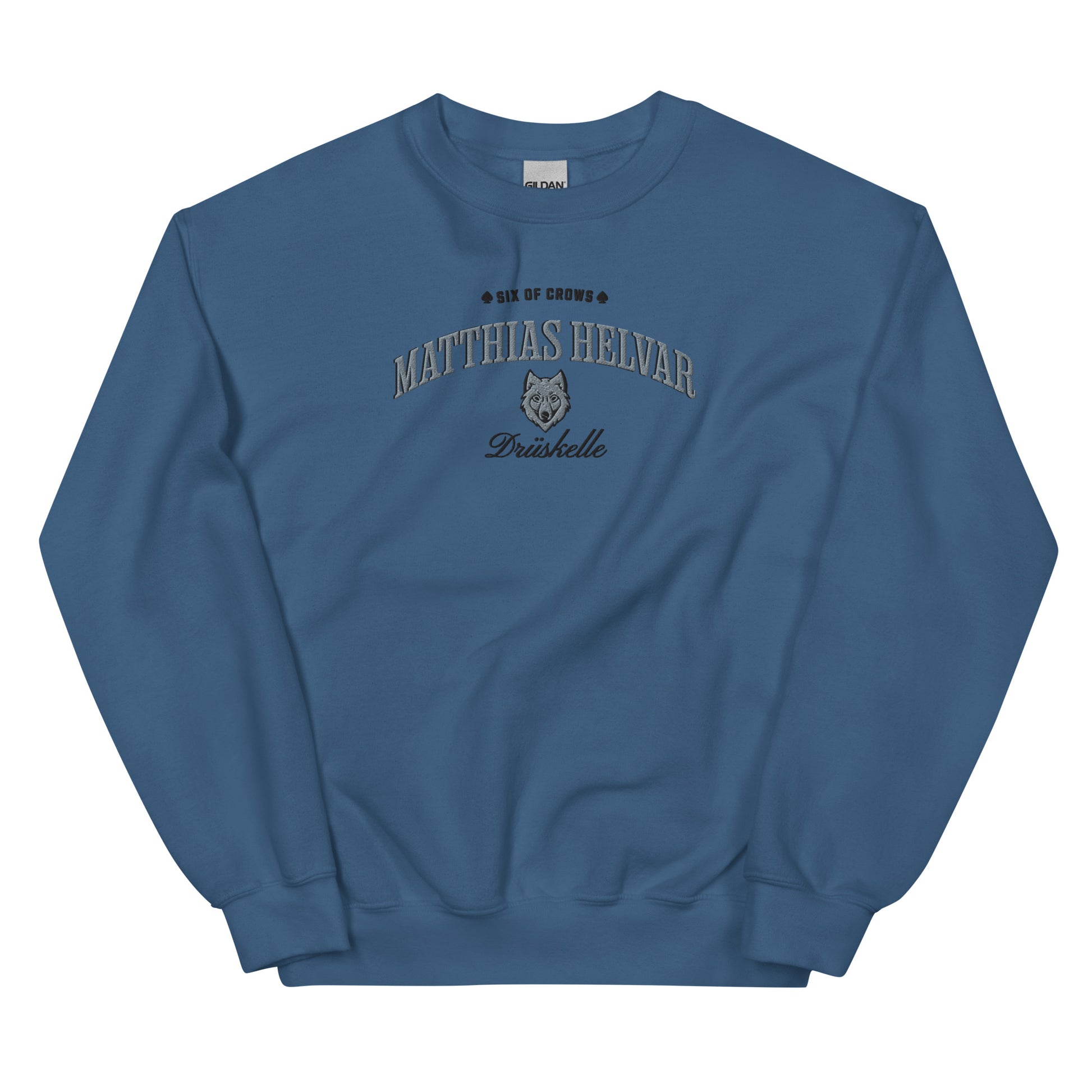 Matthias Helvar Embroidered Sweatshirt - The Bean Workshop - Book Lover Gift, Bookish Sweatshirt, Bookworm Gift, Character Apparel, Fantasy Warrior, Fjerda, Fjerdan wolf design, Grishaverse, Helnik, Leigh Bardugo fan apparel for readers, Matthias Helvar embroidered sweatshirt, Six of Crows Drüskelle merch, The Dregs