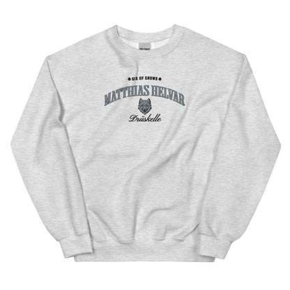 Matthias Helvar Embroidered Sweatshirt - The Bean Workshop - Book Lover Gift, Bookish Sweatshirt, Bookworm Gift, Character Apparel, Fantasy Warrior, Fjerda, Fjerdan wolf design, Grishaverse, Helnik, Leigh Bardugo fan apparel for readers, Matthias Helvar embroidered sweatshirt, Six of Crows Drüskelle merch, The Dregs