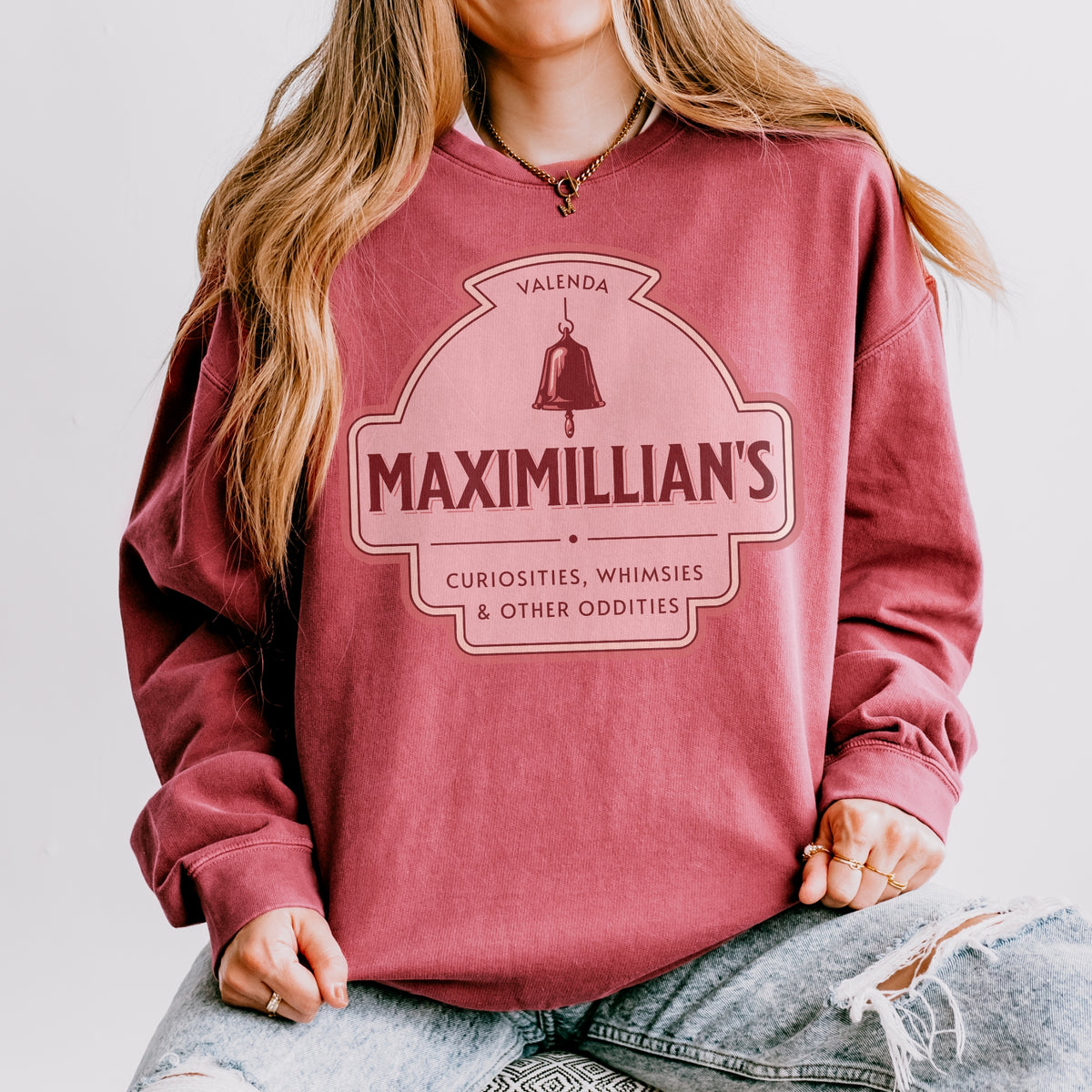 Maximilian's Curiosities Fleece Sweatshirt - The Bean Workshop - Bell Icon Illustration, Cozy Loungewear, Evangeline Fox Fan Gift, Fleece Sweatshirt, Maximilians Curiosities, Once Upon a Broken Heart, Pink and Maroon Color Palette, Stephanie Garber, Storybook Apothecary, Travel Day Comfort, Vintage Arched Badge, Vintage Curiosity Shop, Whimsies & Other Oddities Fleece Sweatshirt for Book Lovers