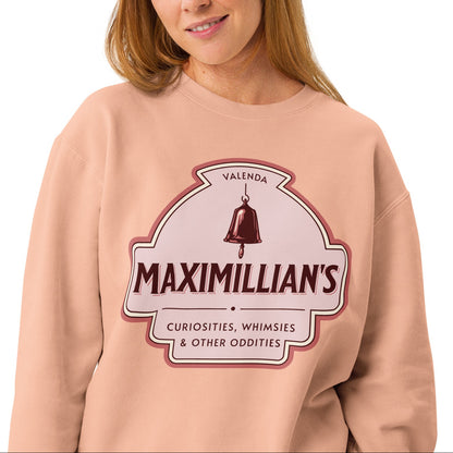 Maximilian's Curiosities Fleece Sweatshirt - The Bean Workshop - Bell Icon Illustration, Cozy Loungewear, Evangeline Fox Fan Gift, Fleece Sweatshirt, Maximilians Curiosities, Once Upon a Broken Heart, Pink and Maroon Color Palette, Stephanie Garber, Storybook Apothecary, Travel Day Comfort, Vintage Arched Badge, Vintage Curiosity Shop, Whimsies & Other Oddities Fleece Sweatshirt for Book Lovers