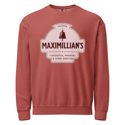 Maximilian's Curiosities Fleece Sweatshirt - The Bean Workshop - Bell Icon Illustration, Cozy Loungewear, Evangeline Fox Fan Gift, Fleece Sweatshirt, Maximilians Curiosities, Once Upon a Broken Heart, Pink and Maroon Color Palette, Stephanie Garber, Storybook Apothecary, Travel Day Comfort, Vintage Arched Badge, Vintage Curiosity Shop, Whimsies & Other Oddities Fleece Sweatshirt for Book Lovers