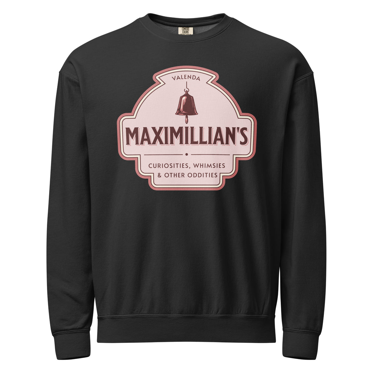Maximilian's Curiosities Fleece Sweatshirt - The Bean Workshop - Bell Icon Illustration, Cozy Loungewear, Evangeline Fox Fan Gift, Fleece Sweatshirt, Maximilians Curiosities, Once Upon a Broken Heart, Pink and Maroon Color Palette, Stephanie Garber, Storybook Apothecary, Travel Day Comfort, Vintage Arched Badge, Vintage Curiosity Shop, Whimsies & Other Oddities Fleece Sweatshirt for Book Lovers