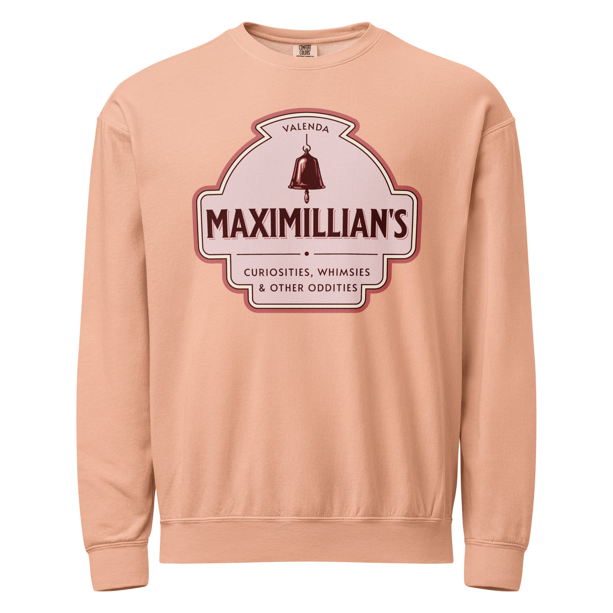 Maximilian's Curiosities Fleece Sweatshirt - The Bean Workshop - Bell Icon Illustration, Cozy Loungewear, Evangeline Fox Fan Gift, Fleece Sweatshirt, Maximilians Curiosities, Once Upon a Broken Heart, Pink and Maroon Color Palette, Stephanie Garber, Storybook Apothecary, Travel Day Comfort, Vintage Arched Badge, Vintage Curiosity Shop, Whimsies & Other Oddities Fleece Sweatshirt for Book Lovers