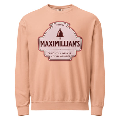 Maximilian's Curiosities Fleece Sweatshirt - The Bean Workshop - Bell Icon Illustration, Cozy Loungewear, Evangeline Fox Fan Gift, Fleece Sweatshirt, Maximilians Curiosities, Once Upon a Broken Heart, Pink and Maroon Color Palette, Stephanie Garber, Storybook Apothecary, Travel Day Comfort, Vintage Arched Badge, Vintage Curiosity Shop, Whimsies & Other Oddities Fleece Sweatshirt for Book Lovers