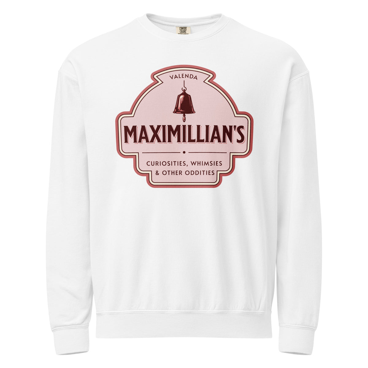 Maximilian's Curiosities Fleece Sweatshirt - The Bean Workshop - Bell Icon Illustration, Cozy Loungewear, Evangeline Fox Fan Gift, Fleece Sweatshirt, Maximilians Curiosities, Once Upon a Broken Heart, Pink and Maroon Color Palette, Stephanie Garber, Storybook Apothecary, Travel Day Comfort, Vintage Arched Badge, Vintage Curiosity Shop, Whimsies & Other Oddities Fleece Sweatshirt for Book Lovers