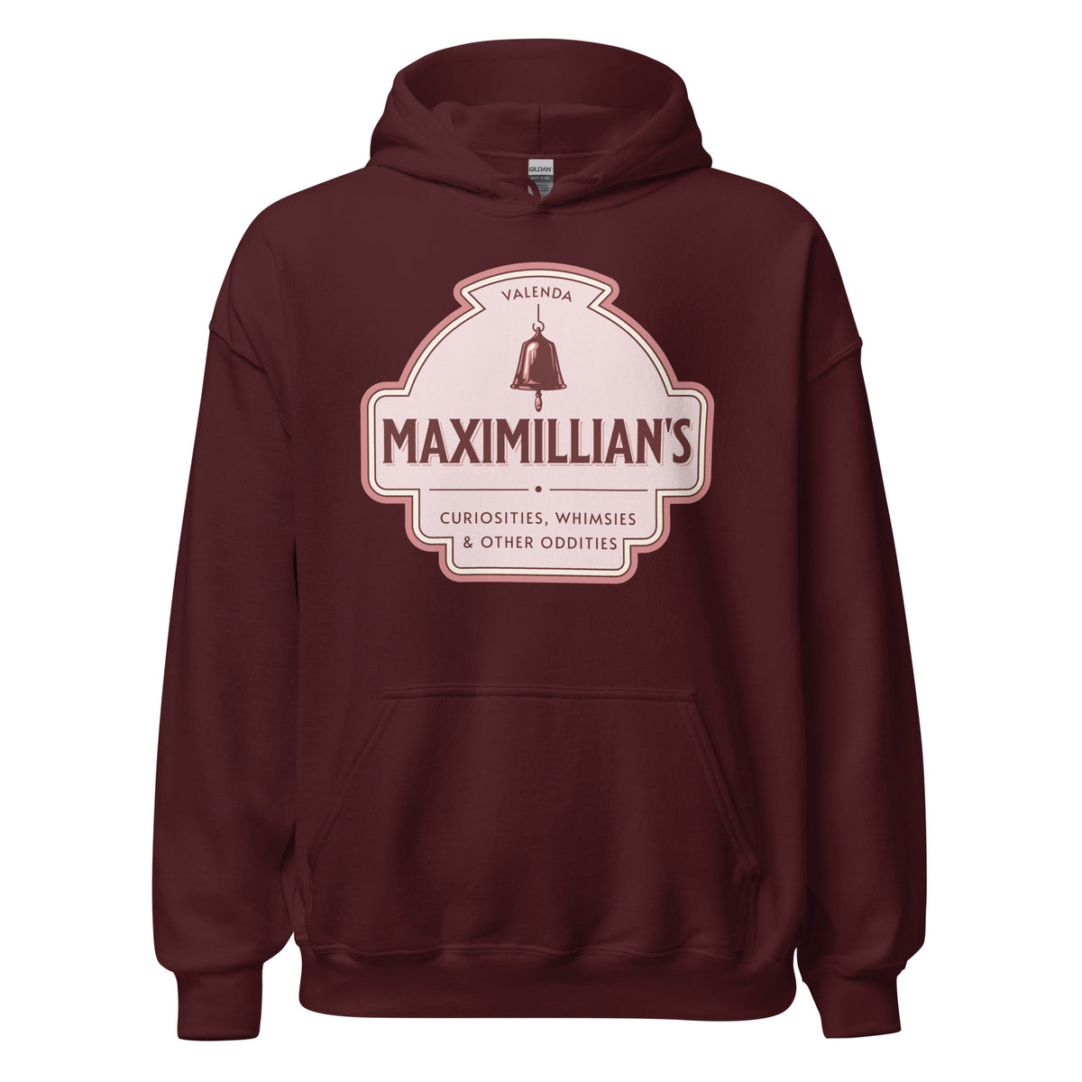 Maximilian's Curiosities Hoodie - The Bean Workshop - Bell Icon Illustration, Cozy Reading Wear, Evangeline Fox Fan Gift, Everyday Bookish Style, Hoodie, Maximilians Curiosities, Once Upon a Broken Heart, Pink and Maroon Color Palette, Stephanie Garber, Storybook Apothecary, Vintage Arched Badge, Vintage Curiosity Shop, Whimsies & Other Oddities Hoodie for Book Lovers