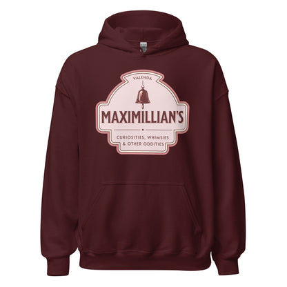 Maximilian's Curiosities Hoodie - The Bean Workshop - Bell Icon Illustration, Cozy Reading Wear, Evangeline Fox Fan Gift, Everyday Bookish Style, Hoodie, Maximilians Curiosities, Once Upon a Broken Heart, Pink and Maroon Color Palette, Stephanie Garber, Storybook Apothecary, Vintage Arched Badge, Vintage Curiosity Shop, Whimsies & Other Oddities Hoodie for Book Lovers