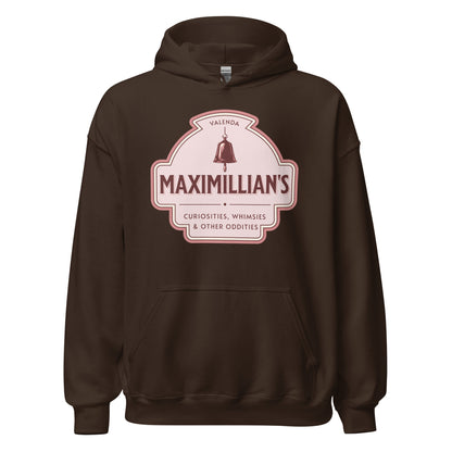 Maximilian's Curiosities Hoodie - The Bean Workshop - Bell Icon Illustration, Cozy Reading Wear, Evangeline Fox Fan Gift, Everyday Bookish Style, Hoodie, Maximilians Curiosities, Once Upon a Broken Heart, Pink and Maroon Color Palette, Stephanie Garber, Storybook Apothecary, Vintage Arched Badge, Vintage Curiosity Shop, Whimsies & Other Oddities Hoodie for Book Lovers
