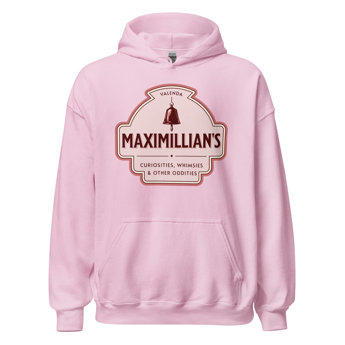Maximilian's Curiosities Hoodie - The Bean Workshop - Bell Icon Illustration, Cozy Reading Wear, Evangeline Fox Fan Gift, Everyday Bookish Style, Hoodie, Maximilians Curiosities, Once Upon a Broken Heart, Pink and Maroon Color Palette, Stephanie Garber, Storybook Apothecary, Vintage Arched Badge, Vintage Curiosity Shop, Whimsies & Other Oddities Hoodie for Book Lovers
