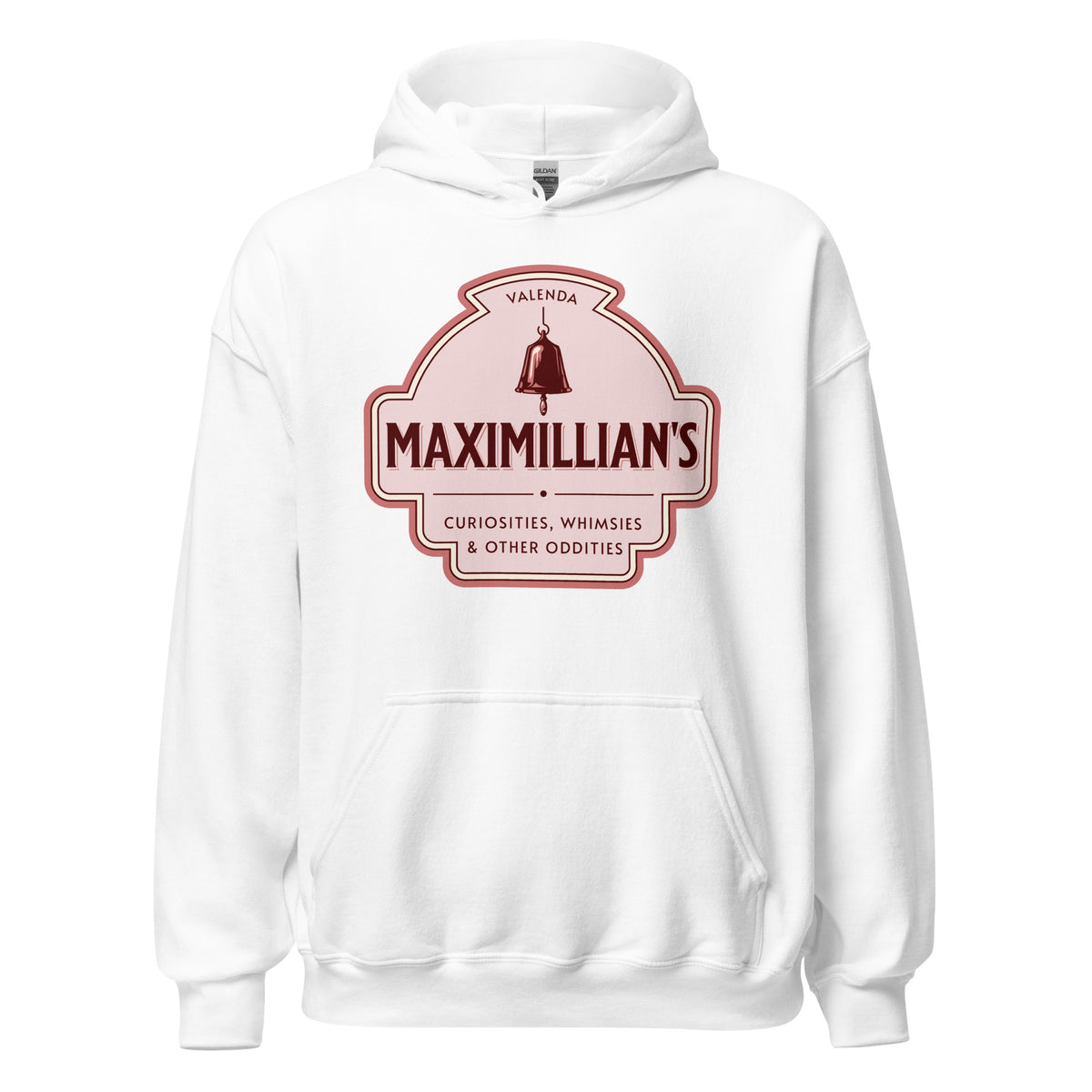 Maximilian's Curiosities Hoodie - The Bean Workshop - Bell Icon Illustration, Cozy Reading Wear, Evangeline Fox Fan Gift, Everyday Bookish Style, Hoodie, Maximilians Curiosities, Once Upon a Broken Heart, Pink and Maroon Color Palette, Stephanie Garber, Storybook Apothecary, Vintage Arched Badge, Vintage Curiosity Shop, Whimsies & Other Oddities Hoodie for Book Lovers
