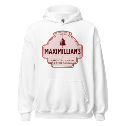 Maximilian's Curiosities Hoodie - The Bean Workshop - Bell Icon Illustration, Cozy Reading Wear, Evangeline Fox Fan Gift, Everyday Bookish Style, Hoodie, Maximilians Curiosities, Once Upon a Broken Heart, Pink and Maroon Color Palette, Stephanie Garber, Storybook Apothecary, Vintage Arched Badge, Vintage Curiosity Shop, Whimsies & Other Oddities Hoodie for Book Lovers
