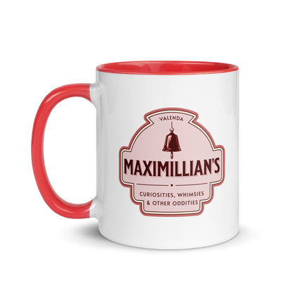 Maximilian's Curiosities Mug with Color Inside - The Bean Workshop - Bell Icon Illustration, Ceramic Mug, Evangeline Fox Fan Gift, Maximilians Curiosities, Morning Coffee Ritual, Once Upon a Broken Heart, Pink and Maroon Color Palette, Reading Nook Companion, Stephanie Garber, Storybook Apothecary, Vintage Arched Badge, Vintage Curiosity Shop, Whimsies & Other Oddities Ceramic Mug for Book Lovers