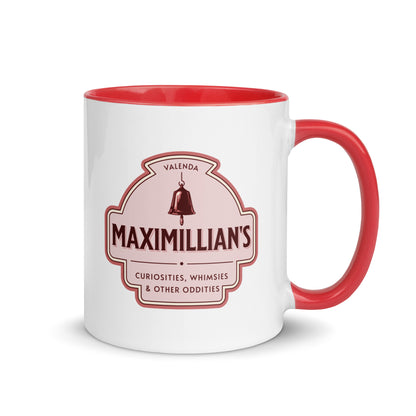 Maximilian's Curiosities Mug with Color Inside - The Bean Workshop - Bell Icon Illustration, Ceramic Mug, Evangeline Fox Fan Gift, Maximilians Curiosities, Morning Coffee Ritual, Once Upon a Broken Heart, Pink and Maroon Color Palette, Reading Nook Companion, Stephanie Garber, Storybook Apothecary, Vintage Arched Badge, Vintage Curiosity Shop, Whimsies & Other Oddities Ceramic Mug for Book Lovers