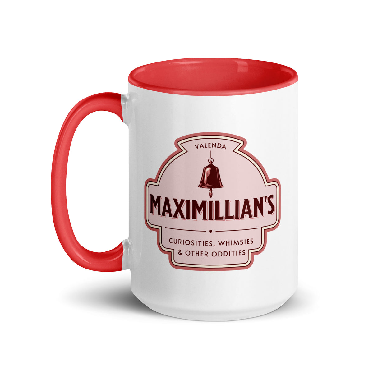 Maximilian's Curiosities Mug with Color Inside - The Bean Workshop - Bell Icon Illustration, Ceramic Mug, Evangeline Fox Fan Gift, Maximilians Curiosities, Morning Coffee Ritual, Once Upon a Broken Heart, Pink and Maroon Color Palette, Reading Nook Companion, Stephanie Garber, Storybook Apothecary, Vintage Arched Badge, Vintage Curiosity Shop, Whimsies & Other Oddities Ceramic Mug for Book Lovers
