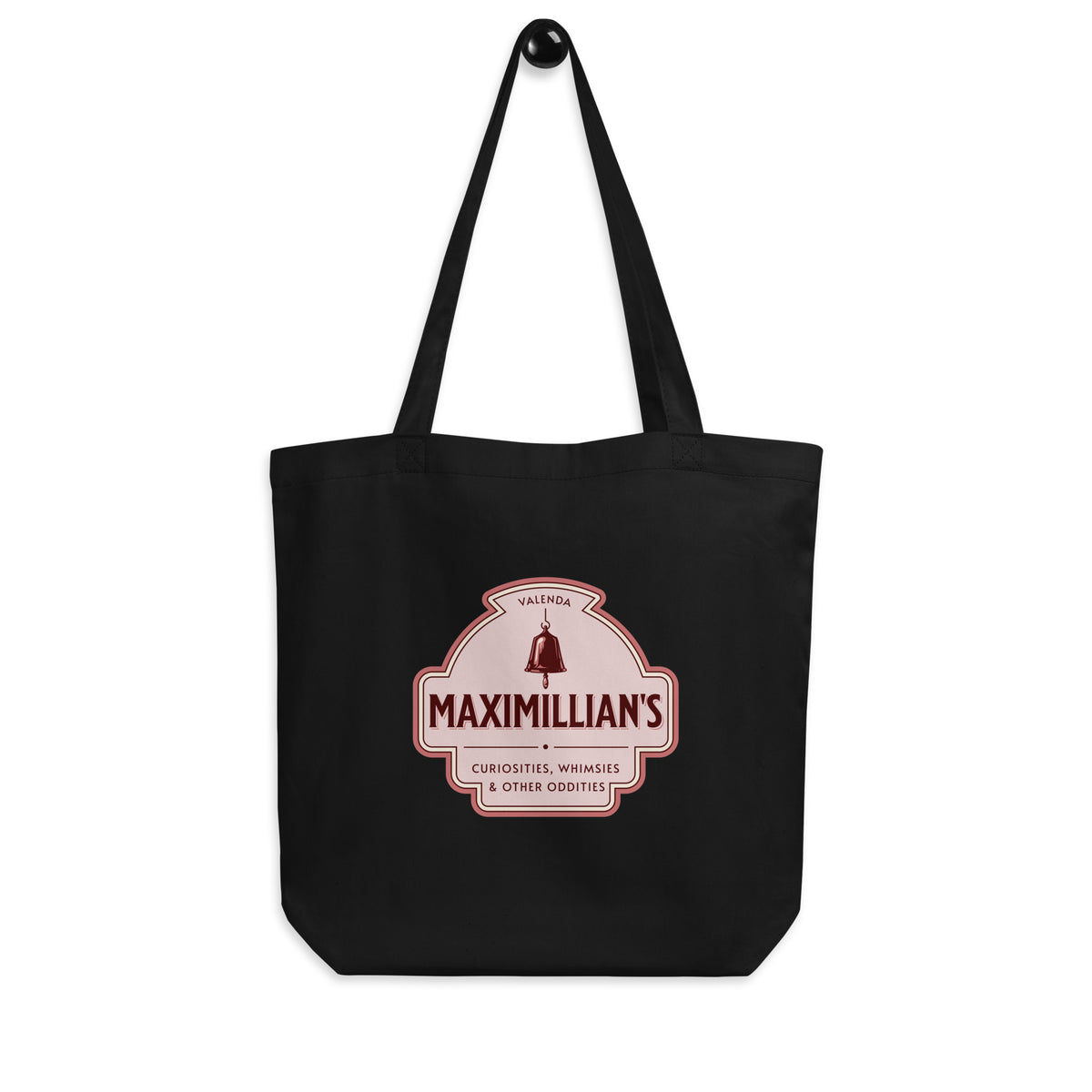 Maximilian's Curiosities Organic Cotton Twill Tote Bag - The Bean Workshop - Bell Icon Illustration, Evangeline Fox Fan Gift, Library Tote Bag, Maximilians Curiosities, On the Go Reading Companion, Once Upon a Broken Heart, Pink and Maroon Color Palette, Stephanie Garber, Storybook Apothecary, Tote Bag, Vintage Arched Badge, Vintage Curiosity Shop, Whimsies & Other Oddities Tote Bag for Book Lovers