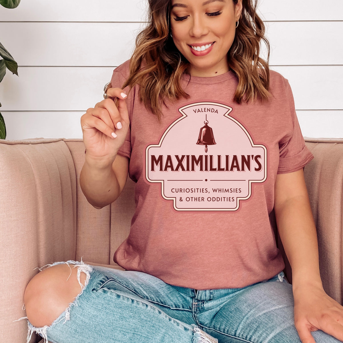 Maximilian's Curiosities T-Shirt - The Bean Workshop - Bell Icon Illustration, Book Club Outfit, Evangeline Fox Fan Gift, Everyday Bookish Style, Maximilians Curiosities, Once Upon a Broken Heart, Pink and Maroon Color Palette, Stephanie Garber, Storybook Apothecary, T-Shirt, Vintage Arched Badge, Vintage Curiosity Shop, Whimsies & Other Oddities T-Shirt for Book Lovers