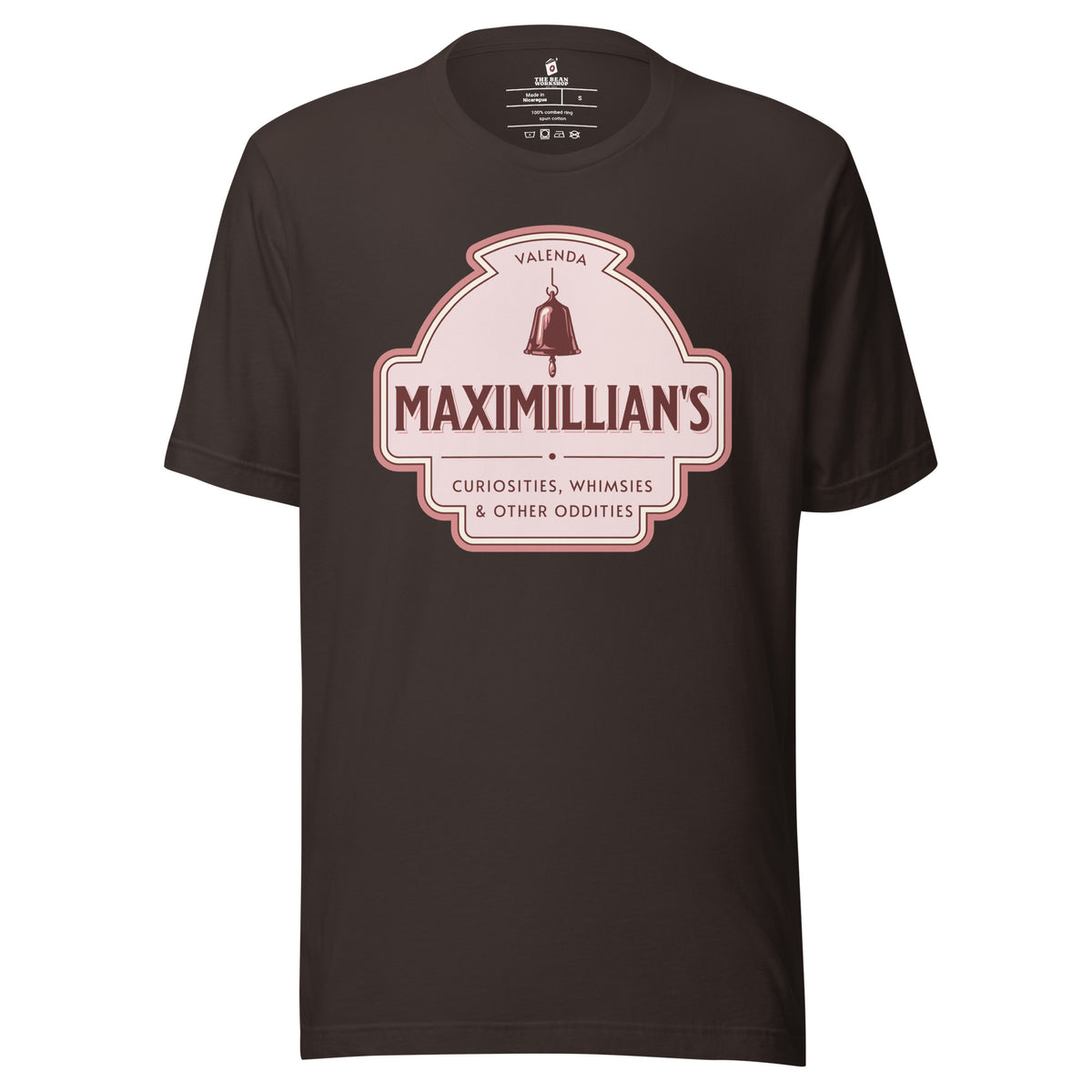 Maximilian's Curiosities T-Shirt - The Bean Workshop - Bell Icon Illustration, Book Club Outfit, Evangeline Fox Fan Gift, Everyday Bookish Style, Maximilians Curiosities, Once Upon a Broken Heart, Pink and Maroon Color Palette, Stephanie Garber, Storybook Apothecary, T-Shirt, Vintage Arched Badge, Vintage Curiosity Shop, Whimsies & Other Oddities T-Shirt for Book Lovers