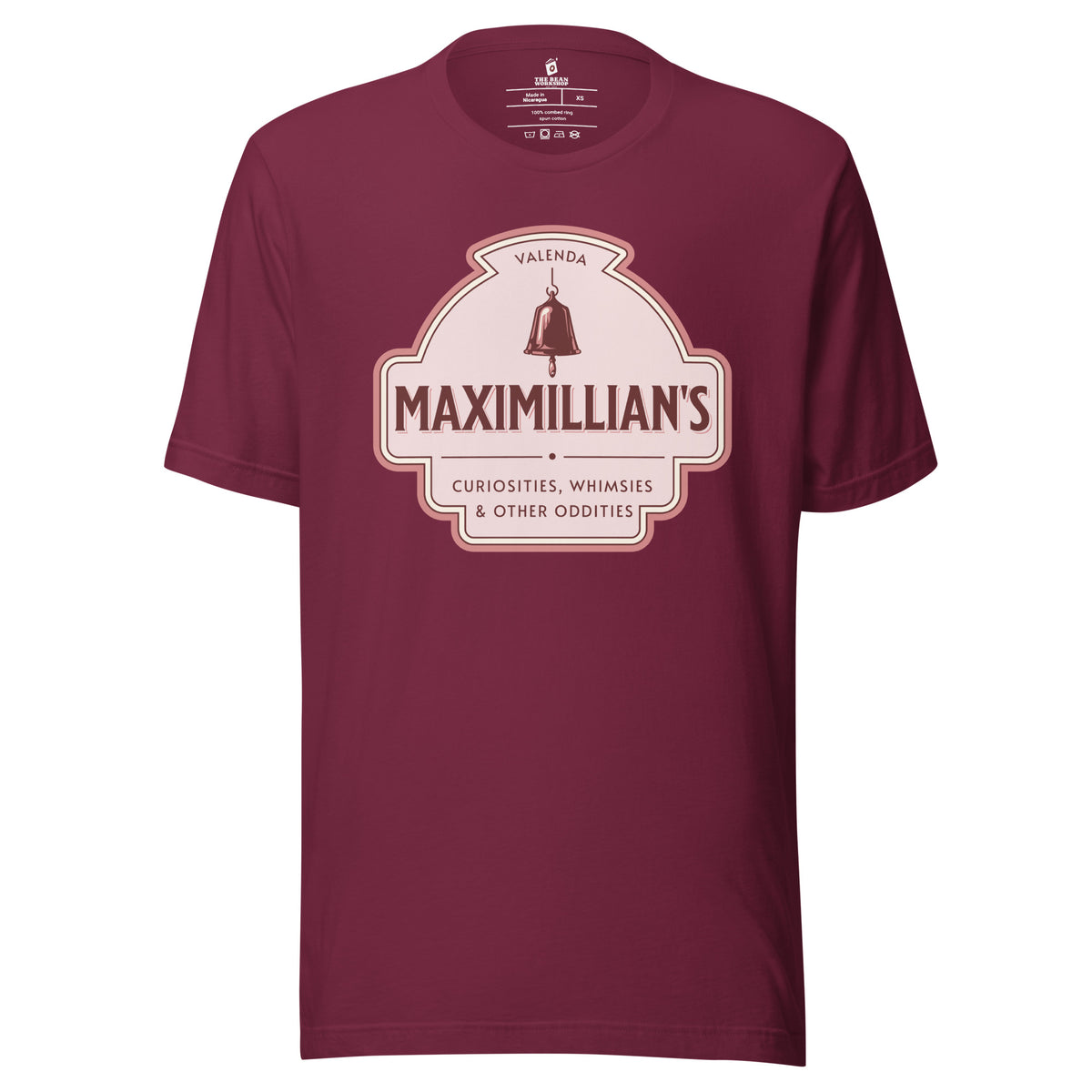 Maximilian's Curiosities T-Shirt - The Bean Workshop - Bell Icon Illustration, Book Club Outfit, Evangeline Fox Fan Gift, Everyday Bookish Style, Maximilians Curiosities, Once Upon a Broken Heart, Pink and Maroon Color Palette, Stephanie Garber, Storybook Apothecary, T-Shirt, Vintage Arched Badge, Vintage Curiosity Shop, Whimsies & Other Oddities T-Shirt for Book Lovers