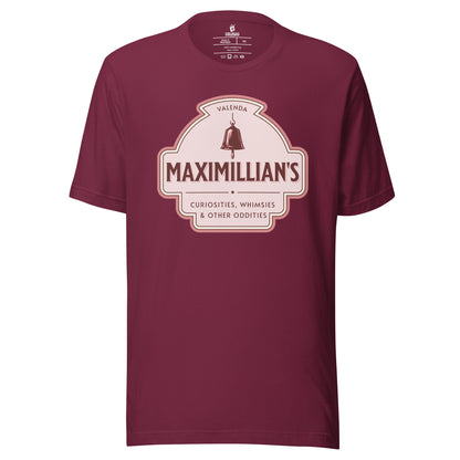 Maximilian's Curiosities T-Shirt - The Bean Workshop - Bell Icon Illustration, Book Club Outfit, Evangeline Fox Fan Gift, Everyday Bookish Style, Maximilians Curiosities, Once Upon a Broken Heart, Pink and Maroon Color Palette, Stephanie Garber, Storybook Apothecary, T-Shirt, Vintage Arched Badge, Vintage Curiosity Shop, Whimsies & Other Oddities T-Shirt for Book Lovers