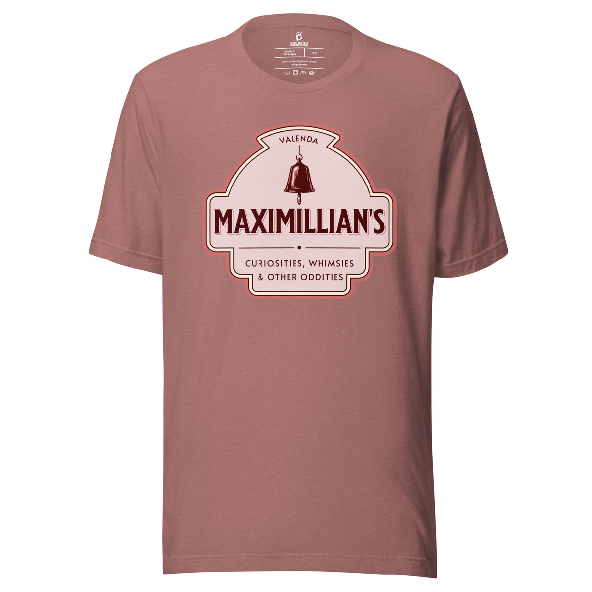 Maximilian's Curiosities T-Shirt - The Bean Workshop - Bell Icon Illustration, Book Club Outfit, Evangeline Fox Fan Gift, Everyday Bookish Style, Maximilians Curiosities, Once Upon a Broken Heart, Pink and Maroon Color Palette, Stephanie Garber, Storybook Apothecary, T-Shirt, Vintage Arched Badge, Vintage Curiosity Shop, Whimsies & Other Oddities T-Shirt for Book Lovers