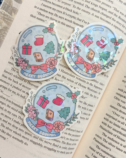 Merry Bookmas Snow Globe Holographic Sticker - The Bean Workshop - book lover gift, Bookish Christmas, bookish gift, bookish sticker, Bookworm Christmas, christmas, Christmas Gift, Christmas sticker, die cut sticker, holiday sticker, holographic sticker, reader gift, Secret Santa gift, sticker, vinyl sticker